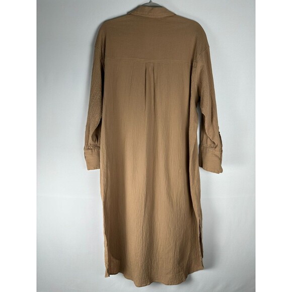 H&M Brown Crinkle Cotton Button Front Midi Shirt Dress S Brown Casual Minimalist - Picture 2 of 12